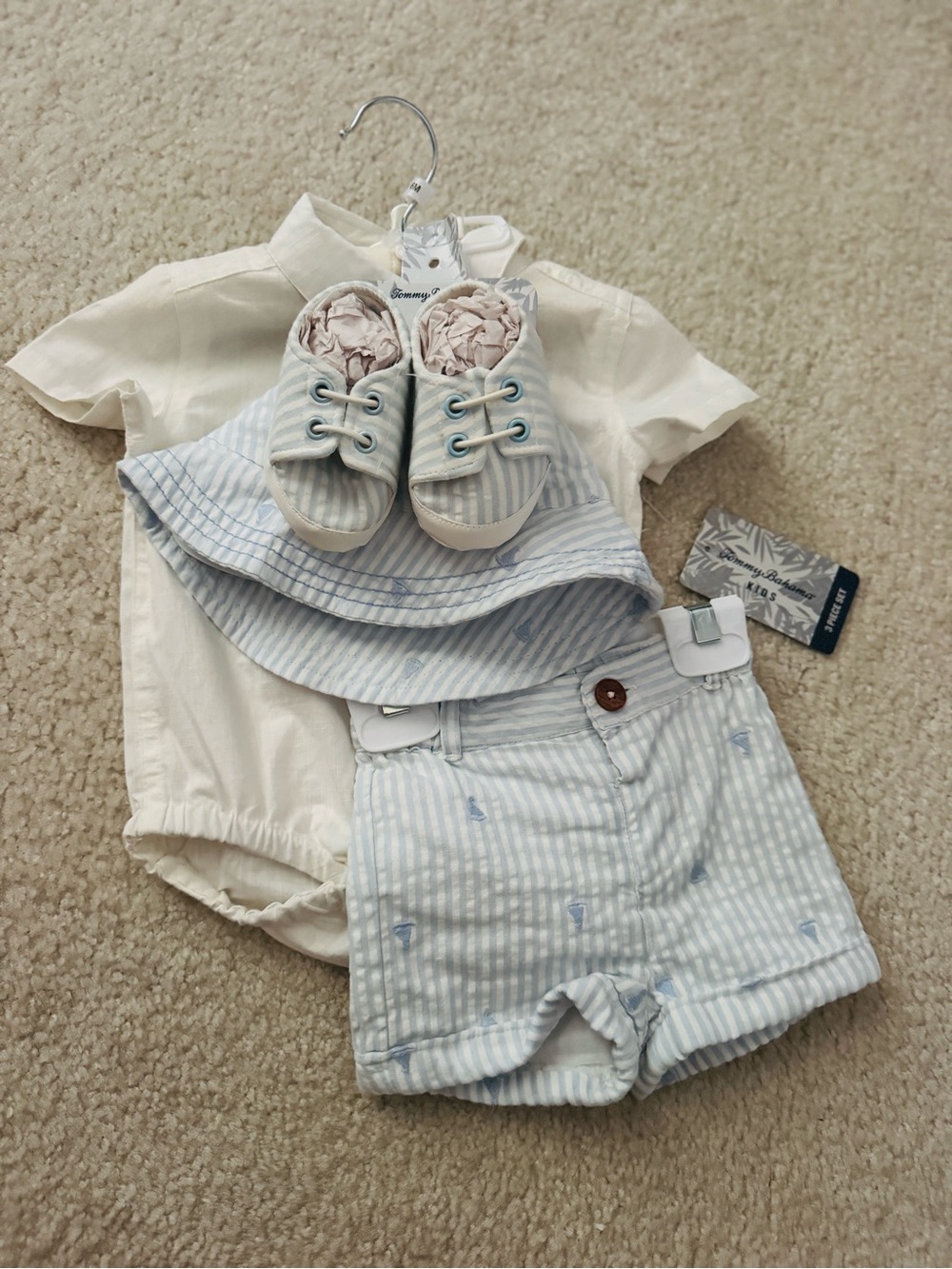 Tommy Bahama Kids 4pc SET Onesie Shorts Hat Shoes Baby Blue White Striped Cotton